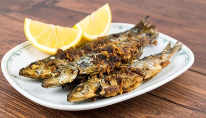 Grilled Sardines with Lemon Wedges on a White Plate Wooden Table.