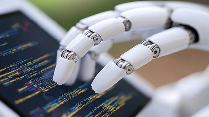 Close-Up of Robotic Hand Interacting with Touchscreen Display Showing Computer Code and Programming Language