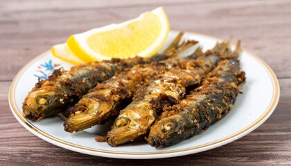 Delicious Fried Sardines with Lemon Wedge on Decorative Plate Close-Up View.