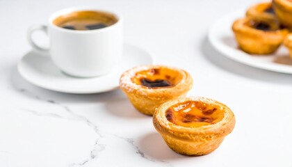 Delicious Portuguese Custard Tarts with Coffee on a Marble Surface.