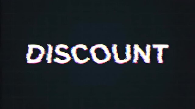 Discount typography with vibrant chromatic aberration and digital glitch effect on a dark grid background