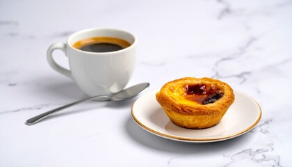Delicious Portuguese Pastel de Nata with Coffee on Marble Surface.