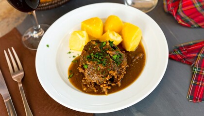 Gourmet Meal of Braised Beef with Potatoes Garnished and Served with Wine.
