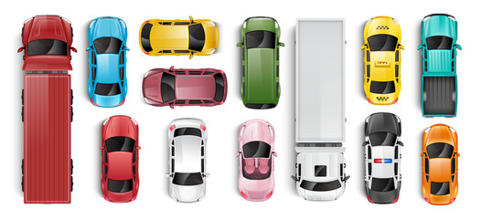Top view of various colorful vehicles. Collection of different cars, trucks, taxis, and SUVs. Vector. © yayasya
