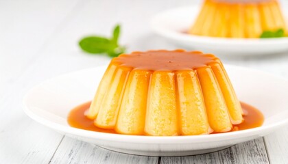 Delicious Caramel Flan Dessert on White Plate with Mint Garnish.