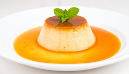 Exquisite Crème Caramel Dessert Garnished with Fresh Mint on a White Plate.