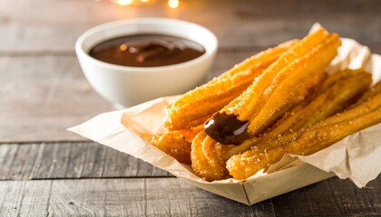 Golden Churros with Chocolate Dip on Rustic Wooden Table Warm Lighting.