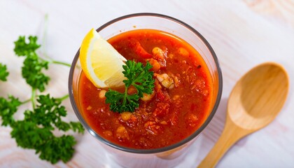 Delicious Tomato Soup with Lemon Garnish Parsley and Wooden Spoon.