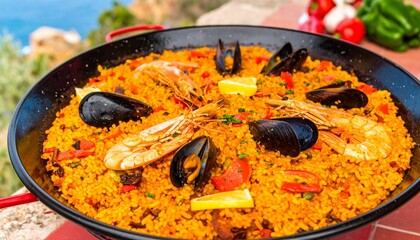 Delicious Seafood Paella with Mussels Shrimp and Lemon Garnishes in a Pan.
