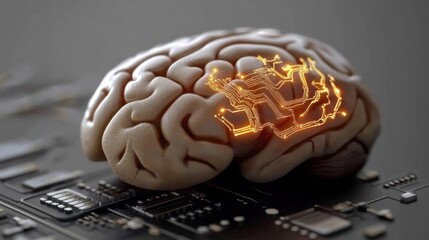 Human Brain with Circuitry Overlay Symbolizing Technology and Innovation in Neurology and Artificial Intelligence