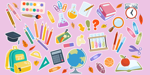 School sticker supply. Back icon, cute book, pencil and pen. Paper note, stationery brush. Backpack for schoolboy, chemistry bottles and scissors. Children education, cartoon elements. Vector art set