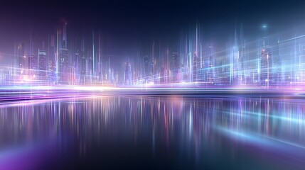 Futuristic cyber tech scene with neon blue and purple highlights, metallic and glass surfaces, sharp foreground with gradual blur on distant abstract digital cityscape