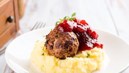 Delicious Meatball with Cranberry Sauce on Mashed Potatoes Close-Up.
