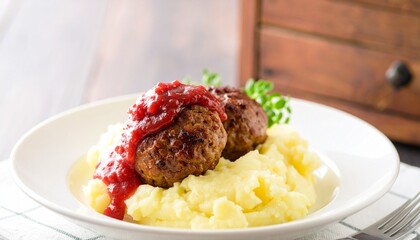 Delicious Meatballs with Tomato Sauce and Mashed Potatoes on White Plate.