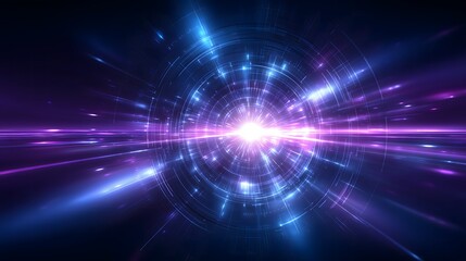 Fototapeta premium Futuristic cyber tech with neon blue and purple radial light burst, smooth metallic surfaces, and central radial blur on abstract digital horizon