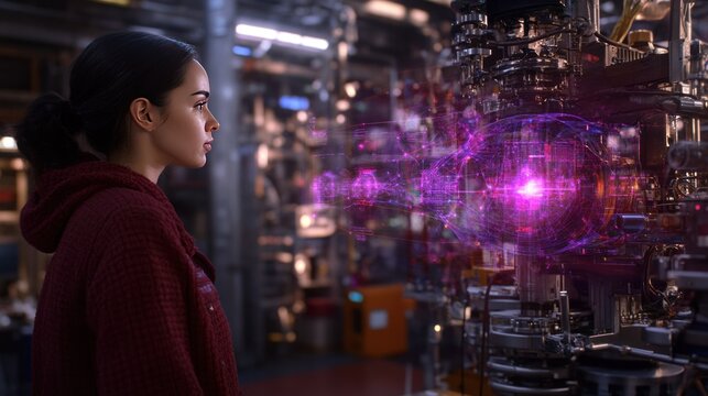 Young Woman Gazing at Futuristic Technology with Holographic Display in a High-Tech Laboratory Environment