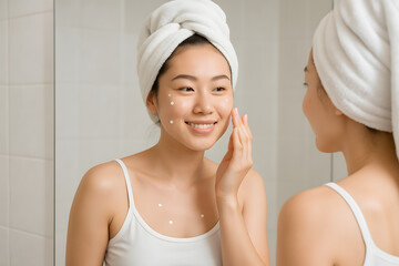 Happy Asian Woman Applying Face Cream Routine in Bathroom Mirror