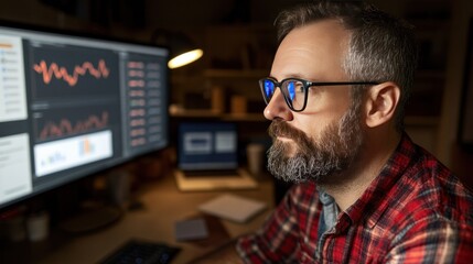 Focused business professional analyzing data on computer screen in modern office environment with warm lighting