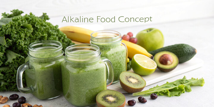 Jar mugs with green health smoothie, kale leaves, lime, apple, kiwi, grapes, banana, avocado, lettuce.