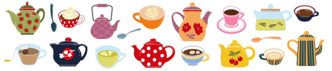 Doodle teapot, cups with lemon tea and coffee. Hand-drawn mug with hot beverage. Cute cartoon decorative dishware, cozy drinks utensil. Decor for kitchen cafe. Vector ceramic and pottery illustration