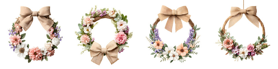 Floral Wreath with Burlap Bow Collection on White