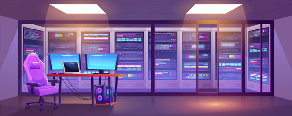 Data center. Modern computer server room. Neon light. Digital technology AI. Blockchain innovation. Network equipment. Database system. Engineering office. Desk with armchair. Vector game interior