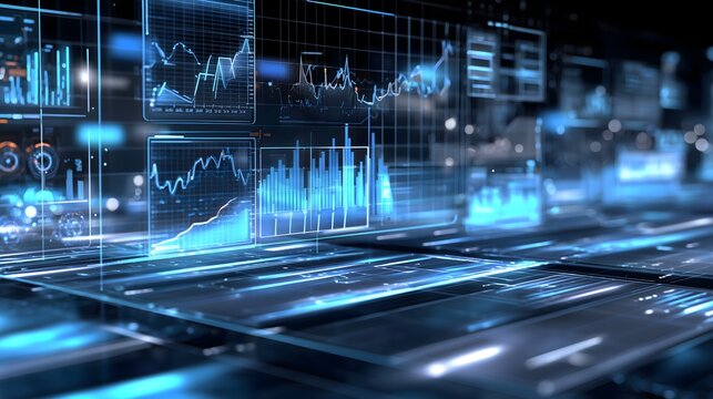 Futuristic digital cityscape with cool blue neon glow, abstract holographic data overlays, high-tech design for business dashboards and presentations