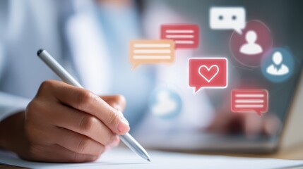 Midrange view of a psychologist using a stylus to mark notes on a CBT app conversation with blurred user icons and chat bubbles in the backdrop.