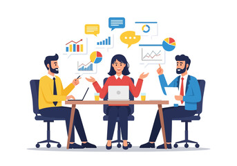 Flat illustration of business team analyzing charts and graphs, discussing data insights, and presenting reports in a modern office environment for strategy, growth, and performance improvement