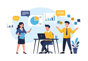 Flat illustration of business team analyzing charts and graphs, discussing data insights, and presenting reports in a modern office environment for strategy, growth, and performance improvement