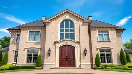 A grand luxury house entrance with elegant stone facade, surrounded by lush greenery and blue skies.