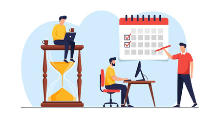 Flat illustration of business people managing time and planning tasks, featuring hourglass, calendar scheduling, teamwork, and productivity in a modern corporate office environment