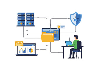 Flat illustration of data management system with secure cloud storage, database servers, file organization, analytics, and cybersecurity protection for modern business and digital network solutions