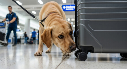 Trained detection dog sniffing suitcase at airport security lugguage checkpoint for prohibited items. Travel safety, border control, customs inspection, law enforcement. International Security Day