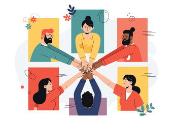 Illustration of diverse team members joining hands in unity, symbolizing teamwork, collaboration, trust, diversity, partnership, and shared goals in a creative business environment