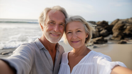 Senior couple taking a selfie by the ocean in soft sunlight