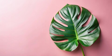 Obraz premium Vibrant Green Tropical Leaf on a Soft Pink Background, a Simple and Elegant Nature-Inspired Design for Various Applications