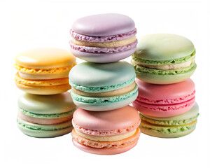 Fototapeta premium A neat stack of pastel colored French macarons with creamy filling isolated on a transparent background