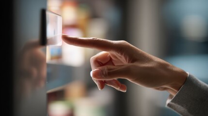 User tapping on a smart fridge display to manage medicine refills medium shot emphasizing touchscreen clarity pill dispenser softly faded illustrating integrated wellness systems.