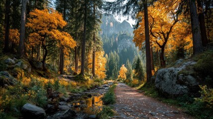 Vibrant autumn foliage along a serene forest path in the mountains during a sunny day