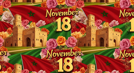 Celebrate Morocco's Independence Day November 18th with Vibrant Flags, Roses, and Historic Architecture, a Perfect Backdrop for Patriotic Celebrations