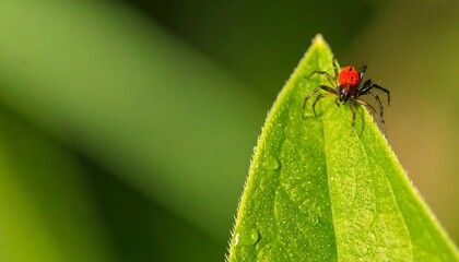 Tiny red spider on vibrant green leaf