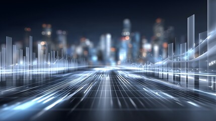 Futuristic financial grid with data visualization elements, floating bar and line graphs, abstract data streams, metallic network lines, center-focused layout in cool blue and silver tones