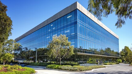 Obraz premium A modern office building with large glass windows and a concrete facade, surrounded by greenery and trees.