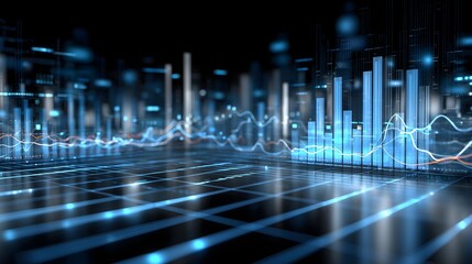 Futuristic financial grid featuring metallic network lines, glowing bar and line graphs, abstract data streams, and a center-focused layout in cool blue and silver tones