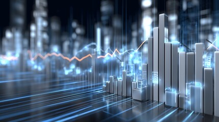Futuristic financial grid with glowing bar and line graphs, metallic network lines, abstract data streams, and a center-focused layout in cool blue and silver tones