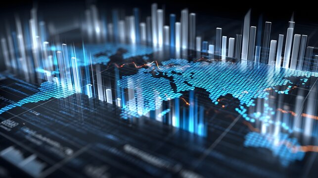 Futuristic financial grid with translucent global map overlay, glowing bar and line graphs, metallic network lines, abstract data streams, and center-focused layout in cool blue and silver tones