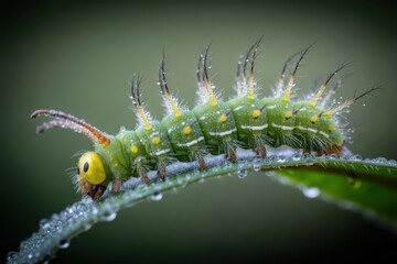 Fototapeta premium Close-up of a vibrant green caterpillar with dew drops on a leaf, showcasing nature's beauty and delicate details