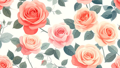 Seamless vector pattern of roses in soft pastel color palette	