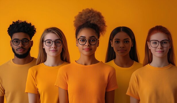 Five diverse young professionals in orange t-shirts and glasses, standing together against yellow background, showcasing multicultural unity and vibrant teamwork